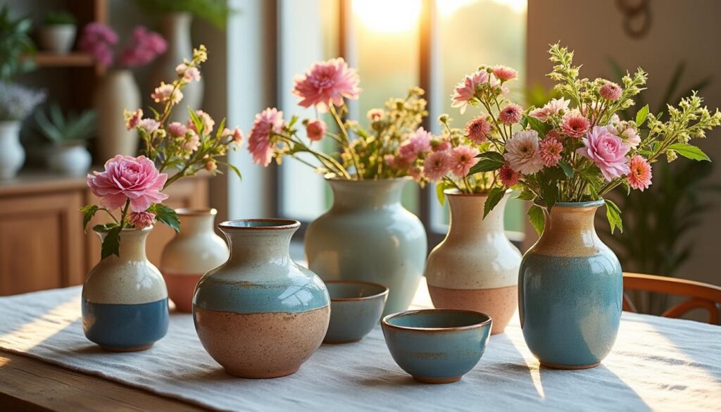 Des vases en poterie apportant des touches colorées à la salle à manger